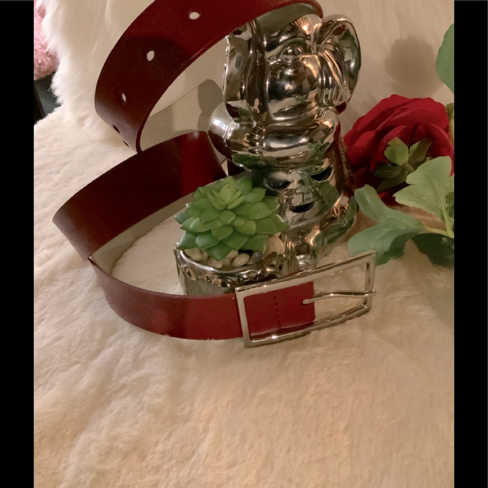 Genuine Leather - Red Belt with a Silver Rectangle shape buckle. Sz L